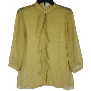 Banana Republic Sheer Waterfall Front Ruffles Polka Dot Button Down Blouse XL